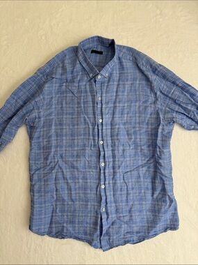 Men's Zachary Prell Linen Blue Plaid Button-Down Shirt